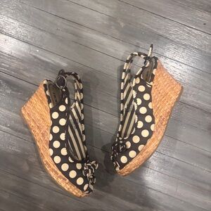 BONGO Black and Cream Polka Dot Wedge Sandals with Braided Jute Platform